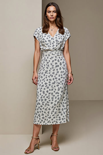 Floral White Blue V-Neck Printed Wedding Guest Dress